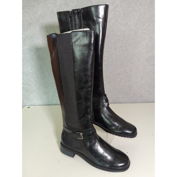 New Aerosoles Black Faux Leather Knee High Riding Boots Size 7 Elastic Panel Zip - Picture 1 of 10